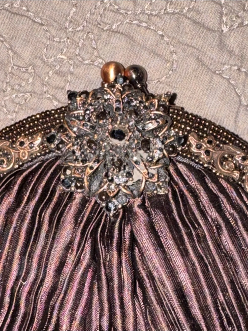 Todd Anthony Evening Pleated Satin Bag with beadwork in Dark Plum Brown